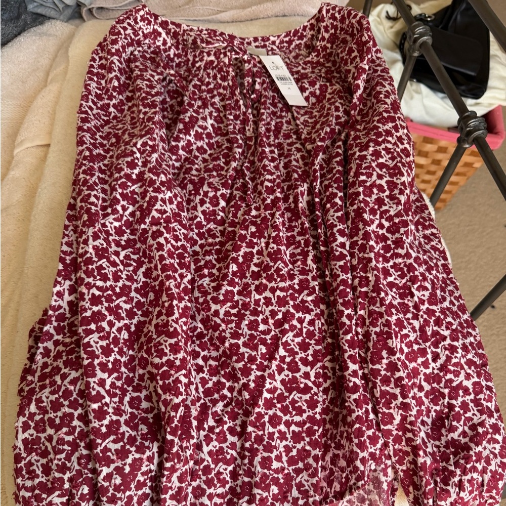 LOFT White Blouse with Red Floral Print
